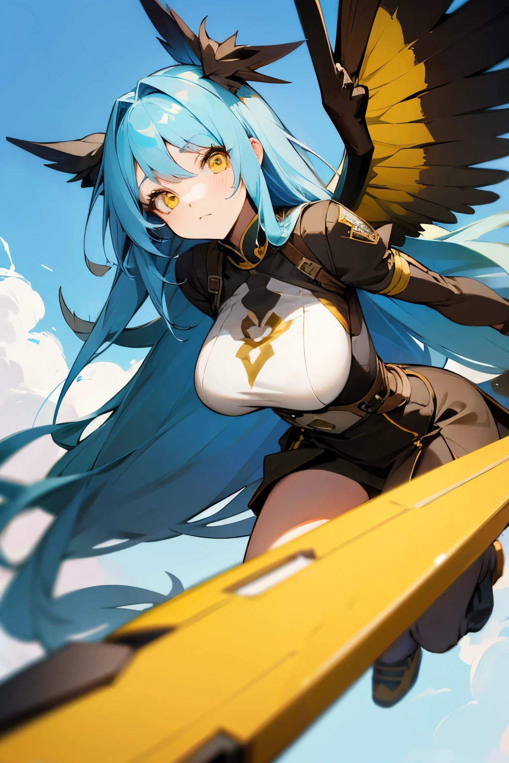 anime-style female with yellow eyes, long blue hair, and huge brown wings.