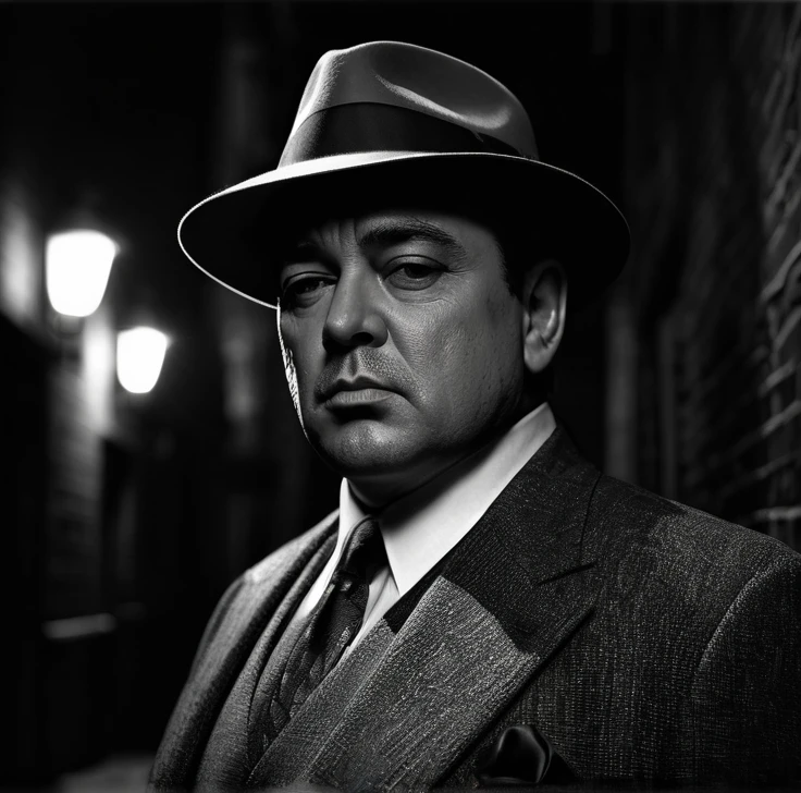 a fat mobster,detailed face, sharp suit, gentleman, wise guy, cigar, fedora hat, dark alley, moody lighting, cinematic composition, dramatic shadows, realistic rendering, photorealistic, high-quality, (best quality,8k,high-resolution,masterpiece:1.2),ultra-detailed,(realistic,photorealistic,photo-realistic:1.37),dramatic lighting,chiaroscuro,film noir,gritty,cinematic