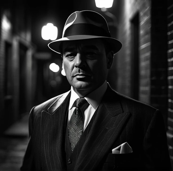 a fat mobster,detailed face, sharp suit, gentleman, wise guy, cigar, fedora hat, dark alley, moody lighting, cinematic composition, dramatic shadows, realistic rendering, photorealistic, high-quality, (best quality,8k,high-resolution,masterpiece:1.2),ultra-detailed,(realistic,photorealistic,photo-realistic:1.37),dramatic lighting,chiaroscuro,film noir,gritty,cinematic