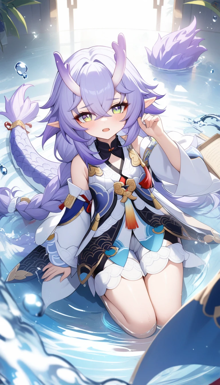 masterpiece, best quality, very aesthetic, absurdres, 1girl, mature_lady,,1girl, bailu \(honkai: star rail\), honkai: star rail, horns, long hair, dragon horns, dragon girl, tail, purple hair, pointy ears, dragon tail, braid, detached sleeves,in heaven,floating droplets of water,from above