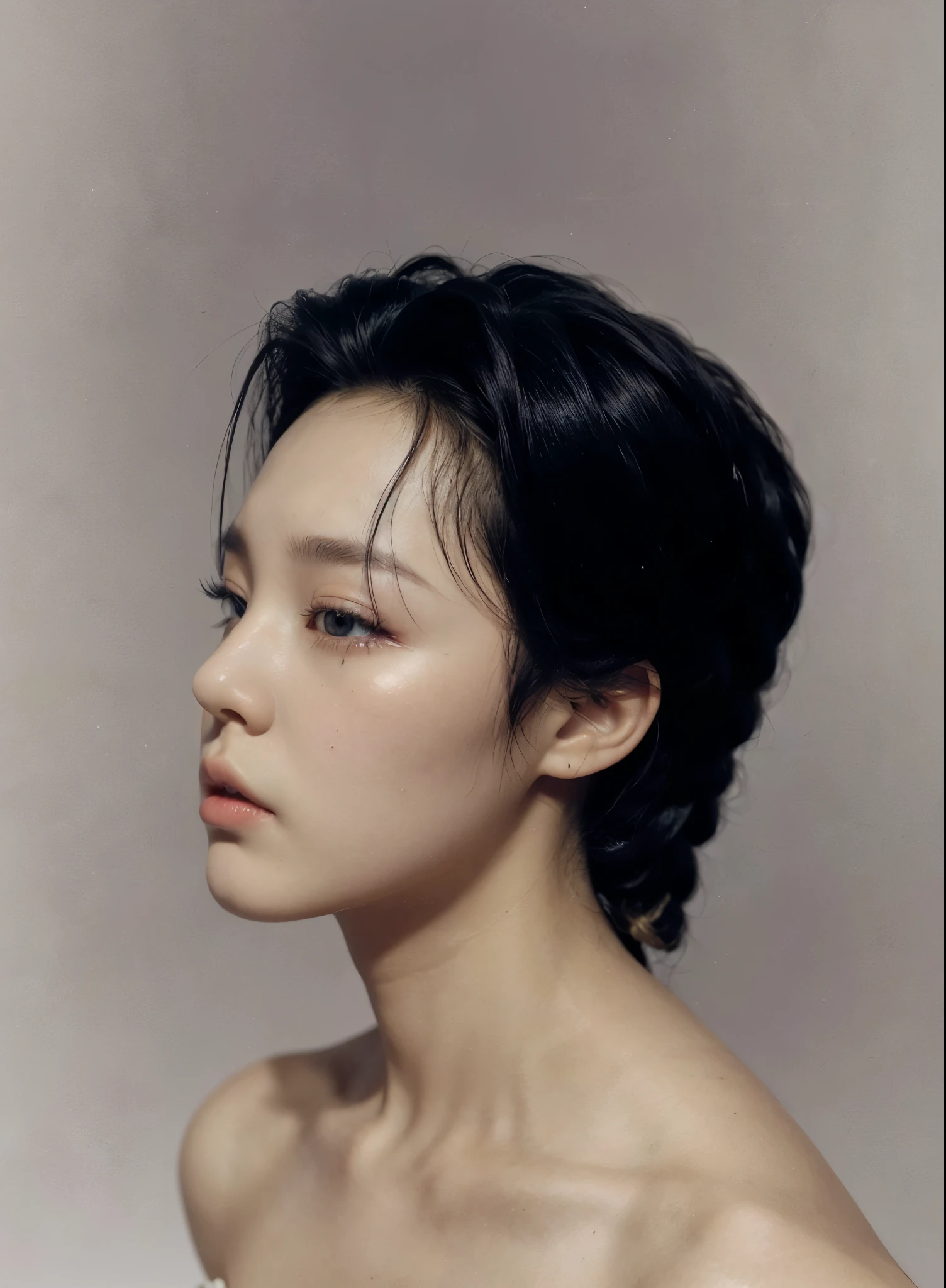 Best Quality, ultra nothing, photorealistic, a photograph of a beautiful woman, 30 years old ager, detailed face, Black Messy Fishtail Braid, (detailed porcelain doll,Delicate clothing with lots of ruffles and ribbons), playa, (face close up), seductive look, looking at the viewer, jimin park, BTS