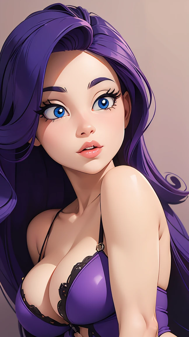 ((masterpiece)), ((Best Quality)), (detailed), perfect, Alone, rarity, beautiful woman, delicious lips, deep neckline, sexy, long purple hair, blue eyes