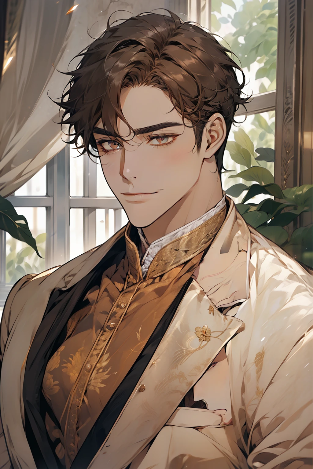 masterpiece, best quality, realistic, 1man, mature male, quiet and charming young man, 28 years old, adorable, closed mouth, portrait, extremely detailed face, soft smile, ((dark amber eyes)), ((short-sides-swept curly light brown hair)), [thick eyebrows], living-room, ((white suit))