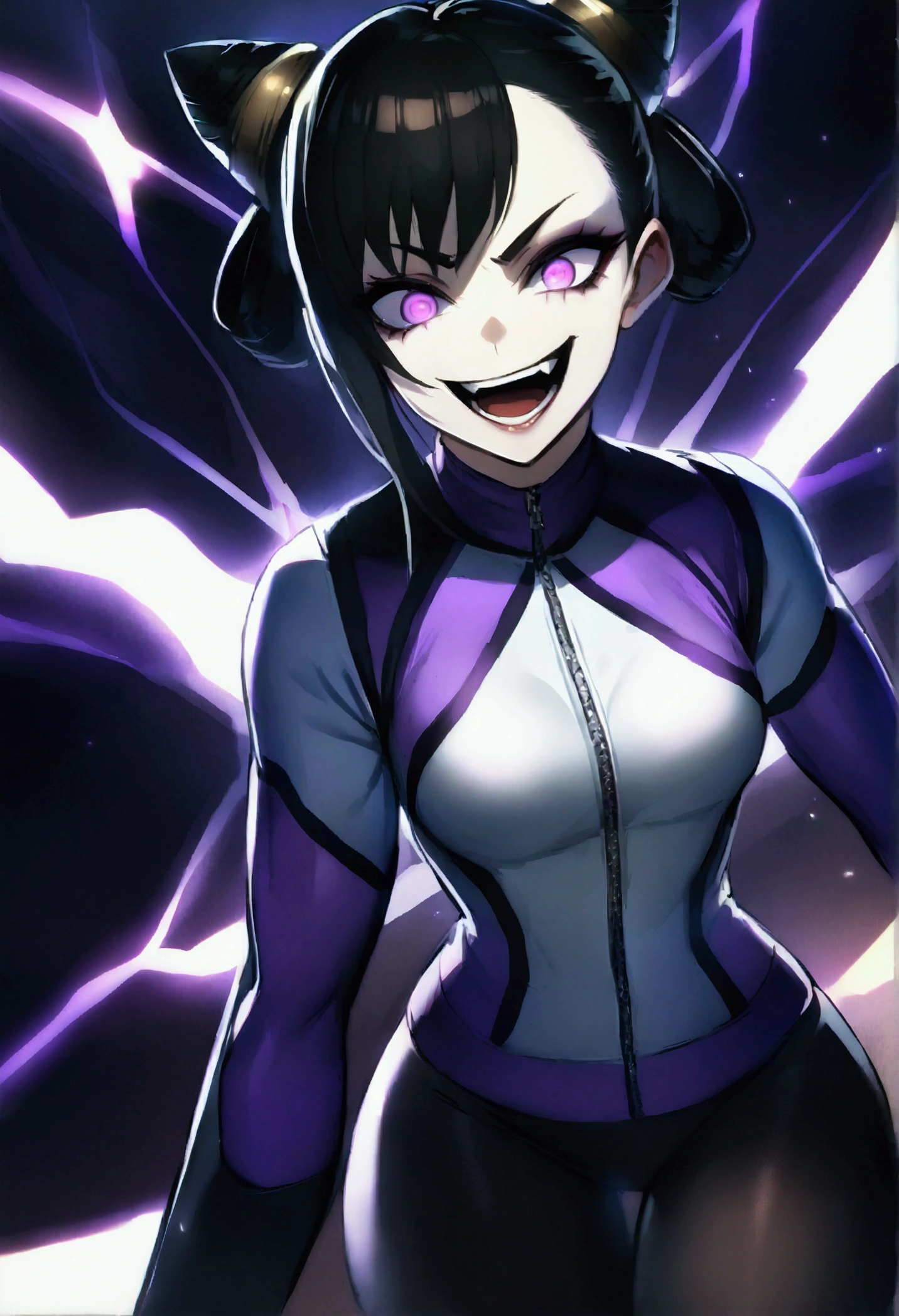 dark eye shadow,shining eyes,beautiful young fitness woman with , in a gym wearing May with black pantyhose, tight white and purple gym jacket. standing alone,hair horns,glowing purple eyes,Evil smile,legging preto ,labiaa,dark eye shadow,shining eyes,close up,open mouth with big evil smile