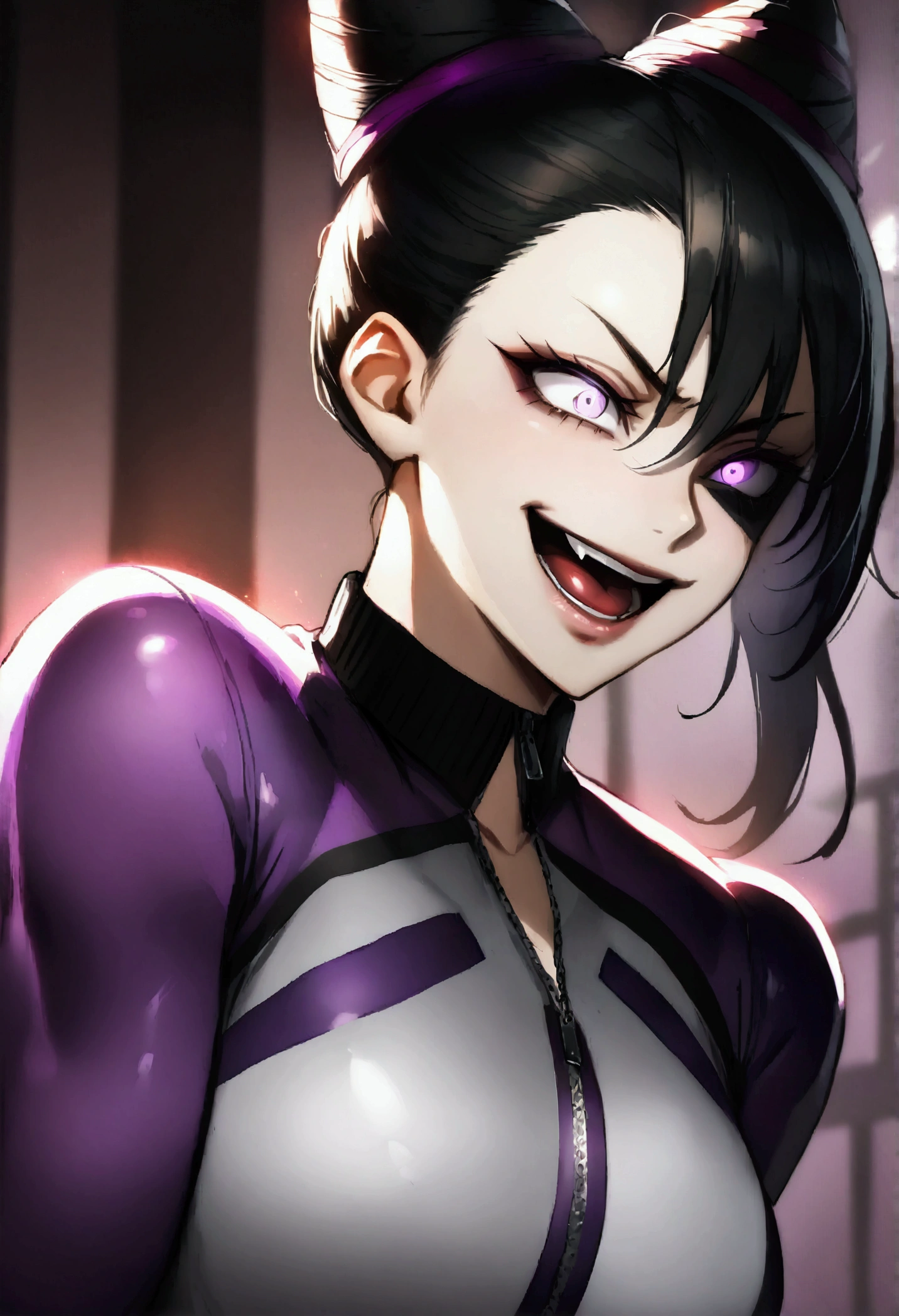 dark eye shadow,shining eyes,beautiful young fitness woman with , in a gym wearing May with black pantyhose, tight white and purple gym jacket. standing alone,hair horns,glowing purple eyes,Evil smile,legging preto ,labiaa,dark eye shadow,shining eyes,close up,open mouth with big evil smile
