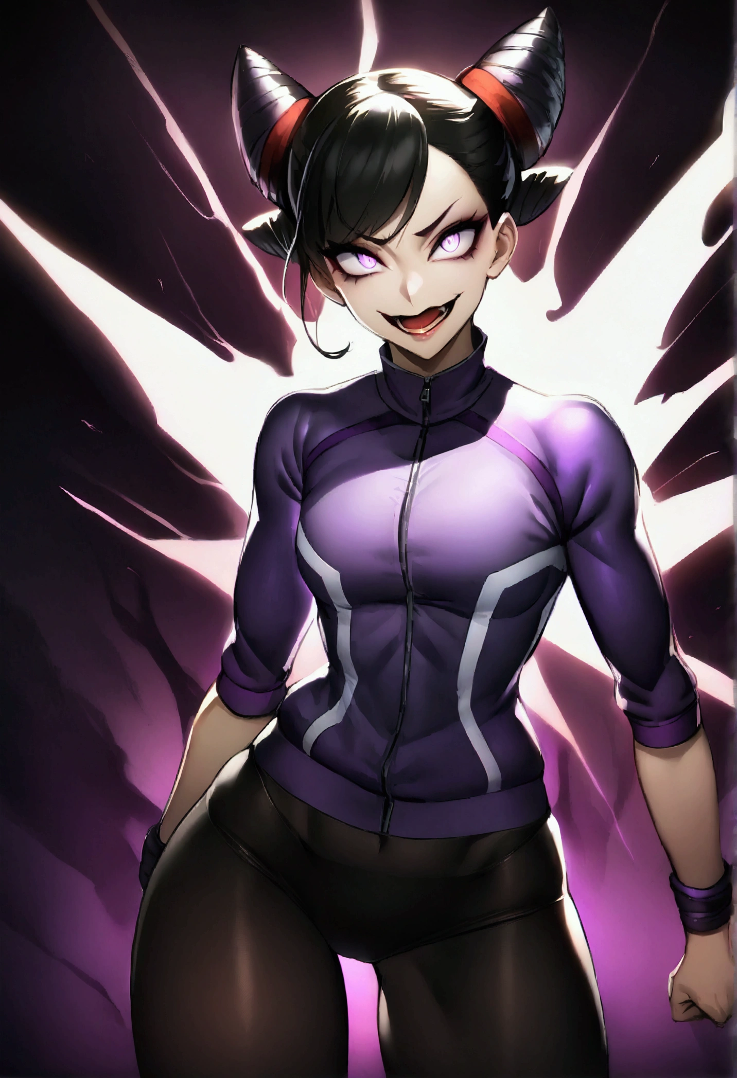 1 girl with short hair half white and half dark purple, with a dark sports shirt, dark purple eyeliner, an infernal crown on her head, black shorts and heels, a cape, mesh stockings, long ones, delicious, with black and purple marks on the skin