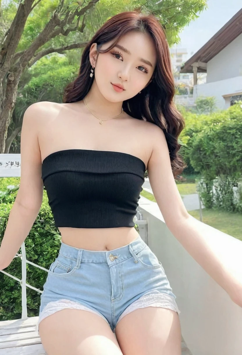 ((high quality:1.2)), work of art, (8k), extremely detailed, ((High detail:1.2)), ((best resolution:1.4)), Solo, 1girl, 24 years old Korean Ulzzang female, ((cropped strapless, mini-shorts)), 