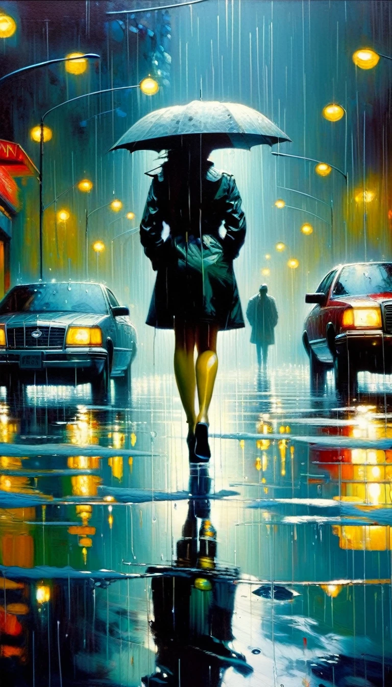 alone, sexy, night, rain (art inspired by Bill Sienkiewicz ). oil painting)
