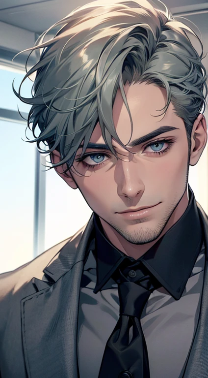 (best quality,4k,8k,highres,masterpiece:1.2),ultra-detailed,(realistic,photorealistic,photo-realistic:1.37),1 man,31 years old,mature man,very handsome,without expression,smile,short grey green hair,blue eyes,penetrating gaze,perfect face without errors,imposing posture,businessman,office background,cinematic lighting,hdr image
