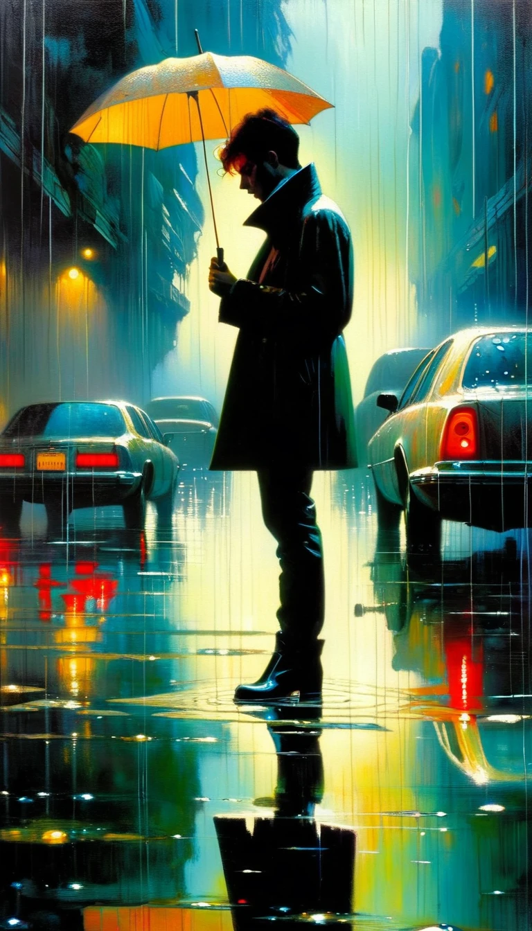 futuristic world: 1.5, surrealism, impressionism, alone, raining, reflections in a puddle of water, oil painting, chiaroscuro, sensual and dramatic lighting, changing atmosphere, art inspired by Bill Sienkiewicz