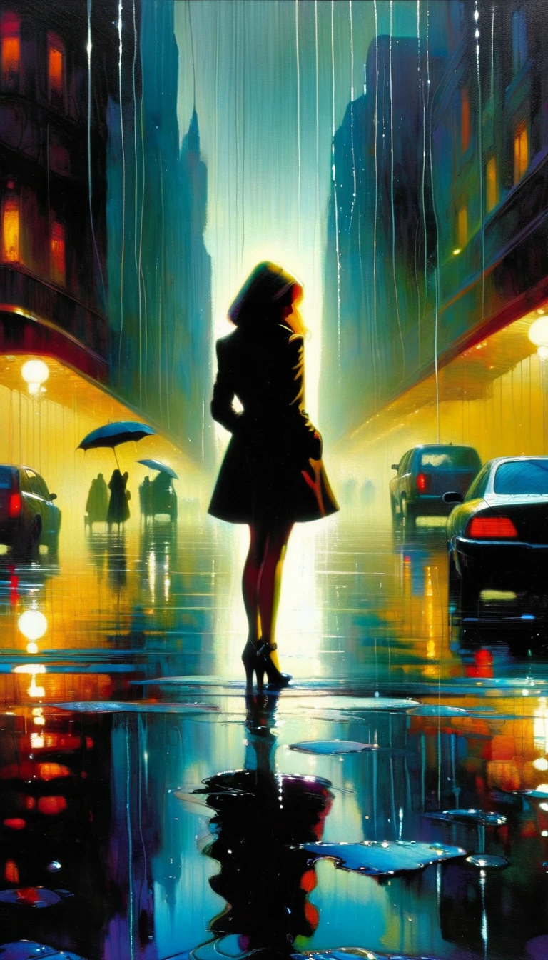 futuristic world: 1.5, surrealism, impressionism, alone, raining, reflections in a puddle of water, oil painting, chiaroscuro, sensual and dramatic lighting, changing atmosphere, art inspired by Bill Sienkiewicz