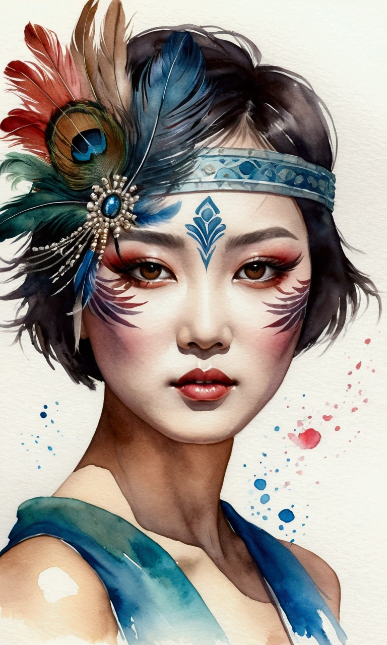 Realistic watercolor painting style, short-haired oriental beauty with feather masquerade on her eyes, zoom in on face