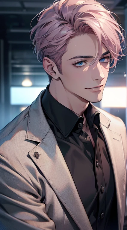 (best quality,4k,8k,highres,masterpiece:1.2),ultra-detailed,(realistic,photorealistic,photo-realistic:1.37),cinematic lighting,1:4 hdr image,a mature man, 29 years old,very handsome,cold expression smile in love, short grey pink hair,blue eyes,flawless face,buttoning his jacket,CEO