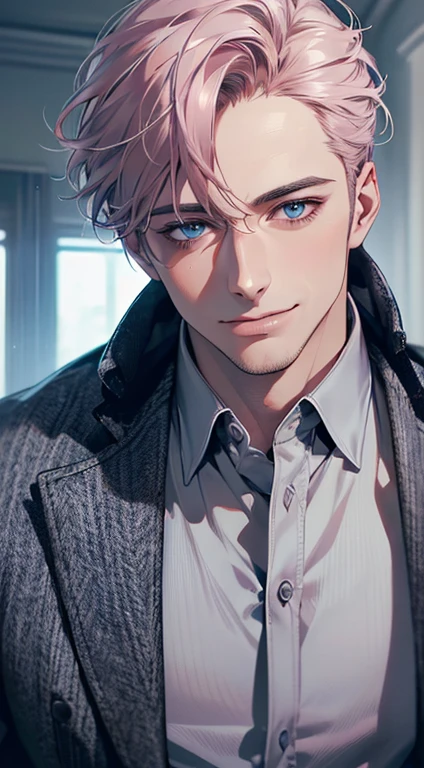 (best quality,4k,8k,highres,masterpiece:1.2),ultra-detailed,(realistic,photorealistic,photo-realistic:1.37),cinematic lighting,1:4 hdr image,a mature man, 29 years old,very handsome,cold expression smile in love, short grey pink hair,blue eyes,flawless face,buttoning his jacket,CEO