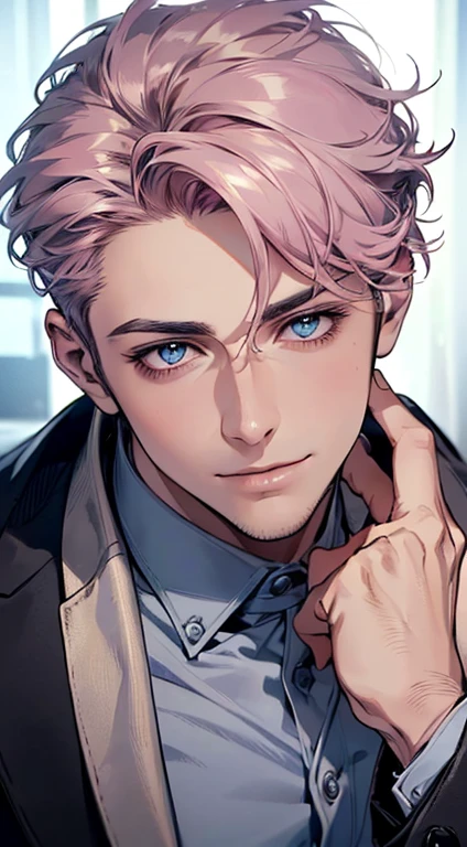 (best quality,4k,8k,highres,masterpiece:1.2),ultra-detailed,(realistic,photorealistic,photo-realistic:1.37),cinematic lighting,1:4 hdr image,a mature man, 29 years old,very handsome,cold expression smile in love, short grey pink hair,blue eyes,flawless face,buttoning his jacket,CEO