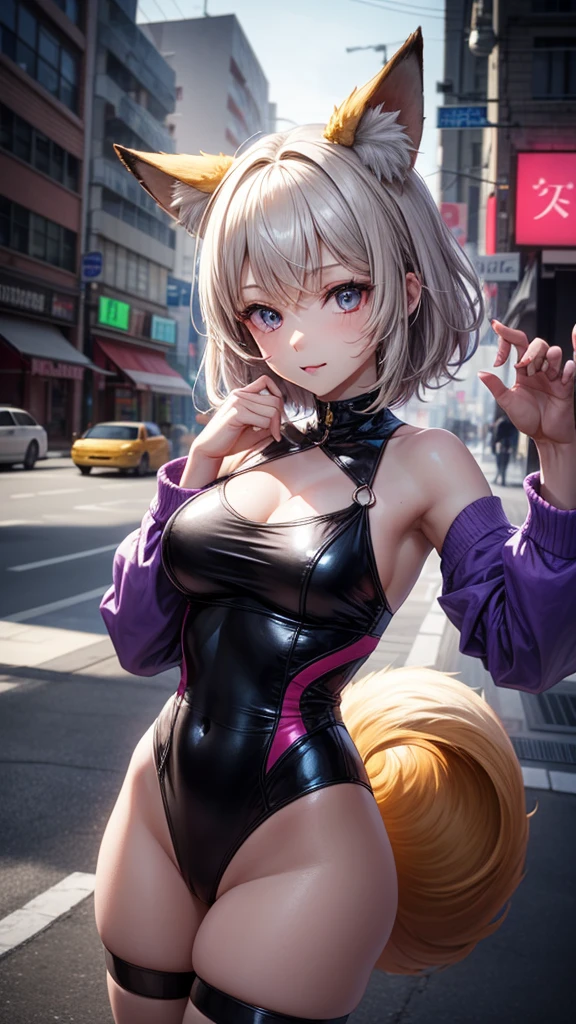 Anime woman bright fluorescent short hair, neon purple color neon red, fox ears,Fox tail