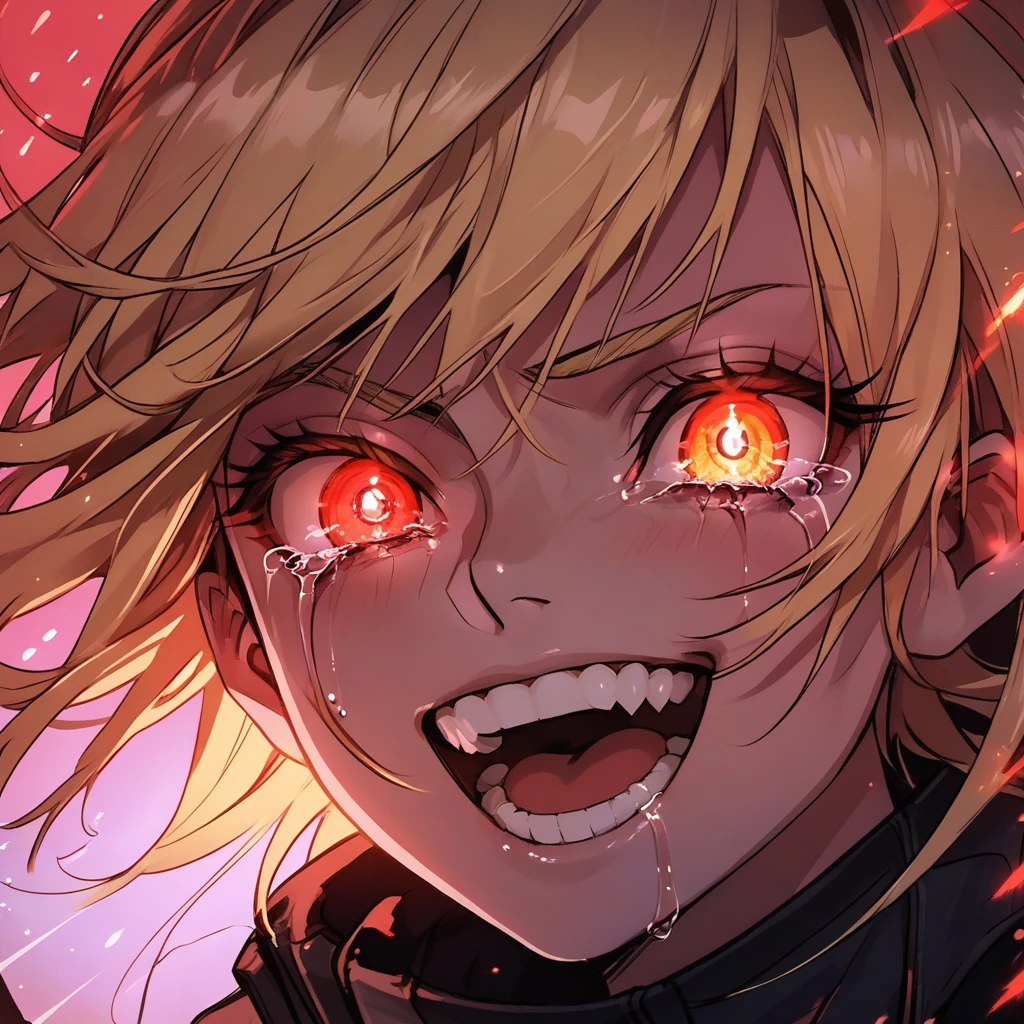 score_9, score_8_up, score_7_up, score_6_up,Madness,1girl,solo,looking at viewer,open mouth,bangs,yellow eyes,teeth,tears,eyelashes,glowing,heterochromia,portrait,light particles,close-up,eye focus, hellsing, seras Victoria, blonde hair, red eyes 