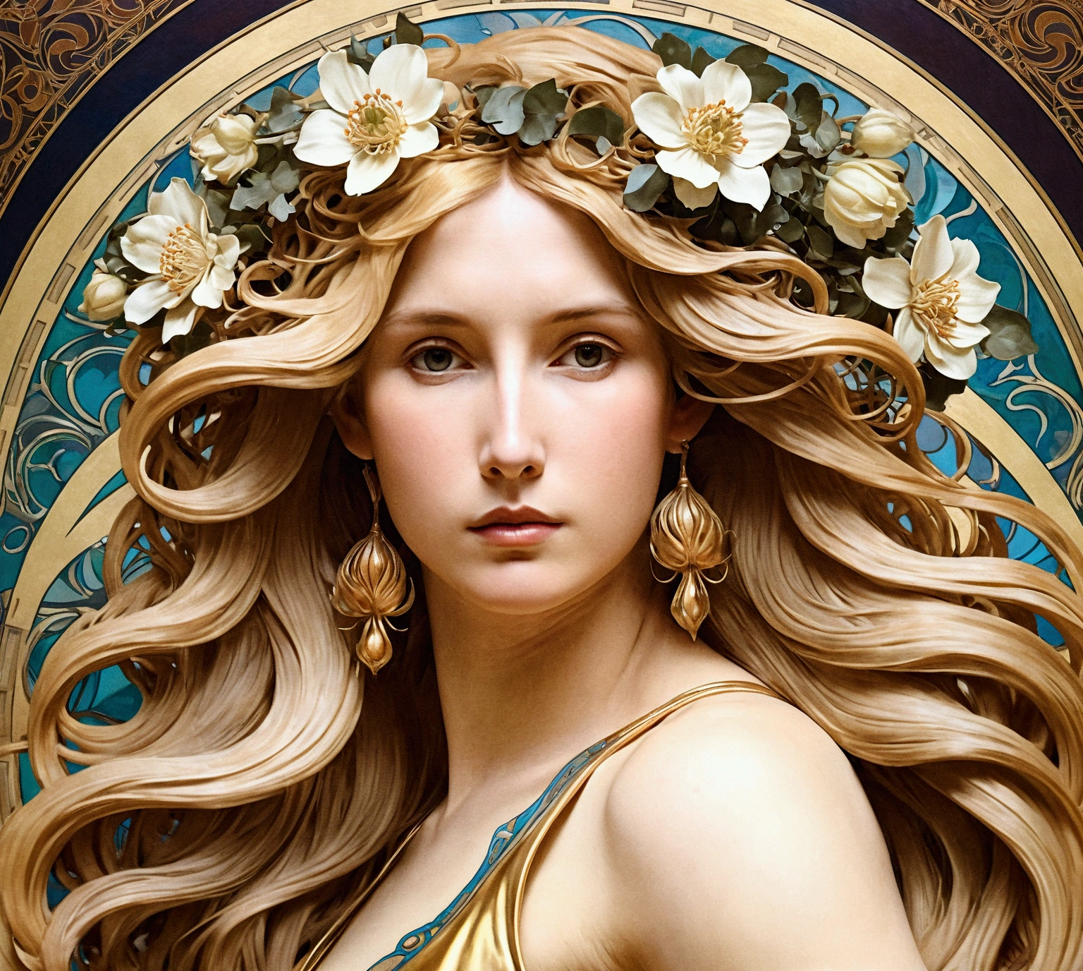 European woman portrait, Waist, Long flowing hair, Blonde, Oil painting feeling, Model imposing flower frame, decorative panel, abstraction, directed by: Alphonse Mucha (Main part, extremely high quality, High resolution: 1.4), detailed, intricate details, 4K, splash of color, Line art, Fibonacci, Wear underwear,