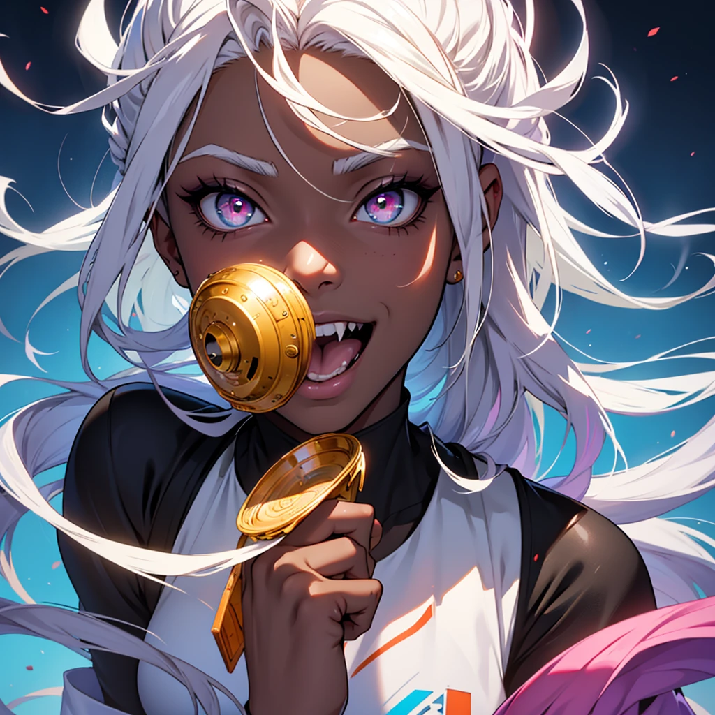 white hair, dreadlocks, expressive hair, cloud hair, afro, streaked hair, multicolored eyes, mismatched pupils, mismatched sclera, surgical mask, Gradient eyes, longeyelashes, upturned eyes, makeup, Serious, jitome, skin fang, long tongue, fang, crazy smile, Surrealism, Cubist Futurism, アニメ style, アニメ, depth of field, glowing light, projected inset, cowboy shot, close-up, lens flare, 8k, super detail, uhd, masterpiece, accurate, anatomically correct, textured skin, textured skin, high details, high details, award winning, best quality, highres、Sexy Nurse、Black、Beauty、Pull the mask with your hands、A crazy smile from under the mask、colorful、Concept Art、Lens flare、Background Single Color、colorfulなイラスト、Detailed、Breathtakingly artistic、Incredibly stylish、Horror、Dark skin、Black Skin、Menhera、spooky、Exposed skin、Bewitching beauty、African Woman