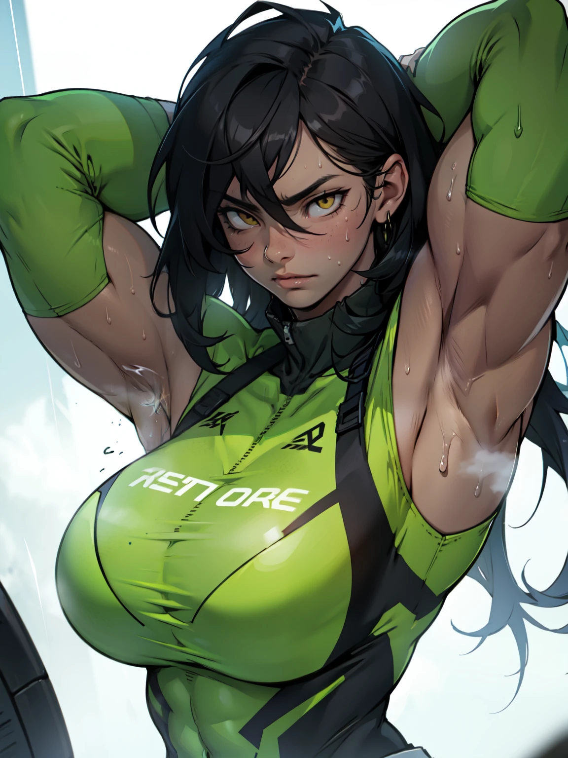 muscular girl thick breasts black hair yellow eyes pale skin best quality sad frown thick long hair hair between eyes