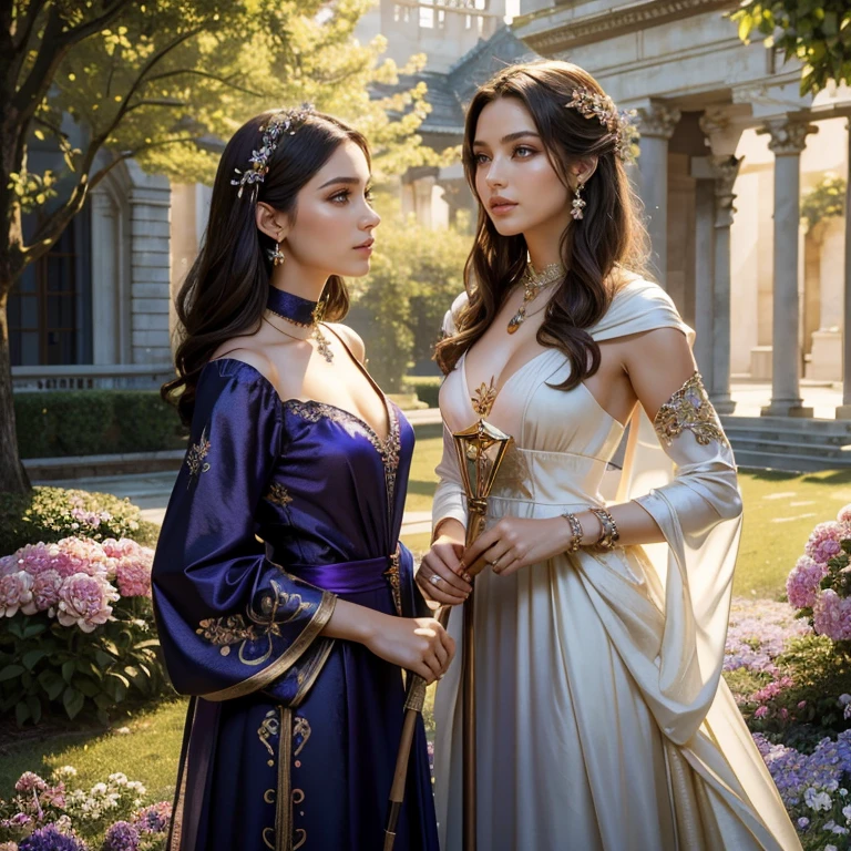 (masterpiece, best quality:1.5), highest quality, High resolution, super detailed, Realists, Upper body photo of a brunette sorceress, detailed and beautiful eyes, beautiful detailed lips, very detailed eyes and face, longeyelashes, shiny satin dress, Holding a magic wand in your hand and performing a transformation spell, Magic wands present and shining, Beautiful and colorful makeup, elegant and noble々The jewelry bag, Gardens as background, soft daylight, bright colors, fine brushstrokes, Portrait style, Silk dress fabric, beautiful color palette, glowing skin, First-class rendering, that captures every detail, enchanting atmosphere, subtle shadows and lights, (perfect anatomy:1.2), (The two stunning sorceresses use their magic wands to transform flowers into jewelry (a transformation):1.4), (magnificent panorama view:1.2)