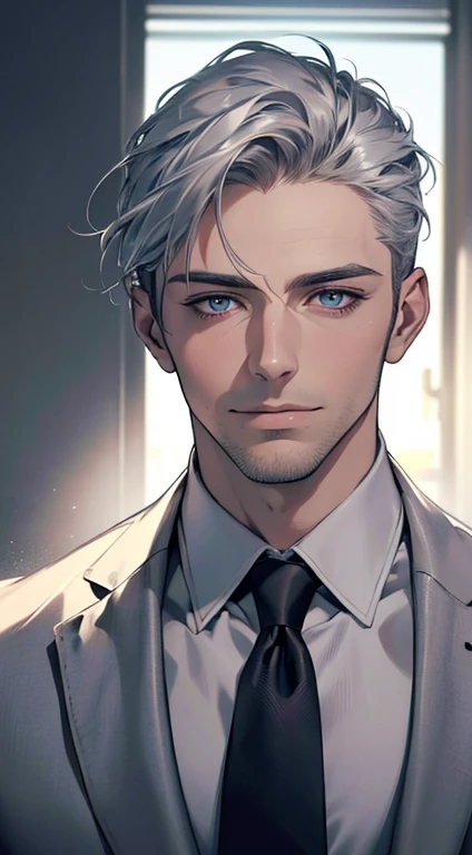 (best quality,4k,8k,highres,masterpiece:1.2),ultra-detailed,(realistic,photorealistic,photo-realistic:1.37),1 man,31 years old,mature man,very handsome,without expression,smile,short silver hair,blue eyes,penetrating gaze,perfect face without errors,imposing posture,businessman,office background,cinematic lighting,hdr image 