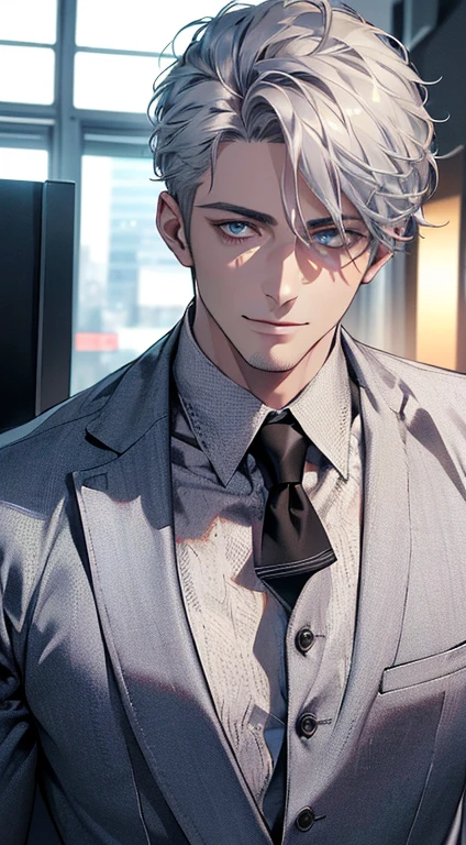 (best quality,4k,8k,highres,masterpiece:1.2),ultra-detailed,(realistic,photorealistic,photo-realistic:1.37),1 man,31 years old,mature man,very handsome,without expression,smile,short silver hair,blue eyes,penetrating gaze,perfect face without errors,imposing posture,businessman,office background,cinematic lighting,hdr image