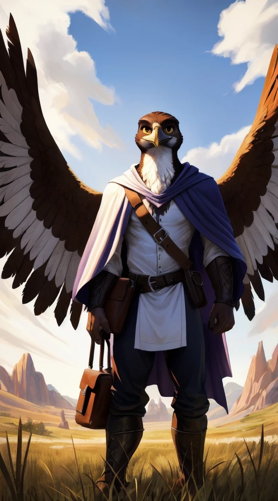 ((solo, three-quarters perspective, masterpiece, chest level shot, standing, (anthro), facing viewer, stoic expression, high resolution, 4K)), male, adult, ((hawk-face, detailed feathers, fully feathered body, extremely detailed, slender build, three-tone feathers, large feathered wings, black and brown and white feathered body)), gold eyes, high contrast, dynamic composition, grassland background, daylight, wispy clouds, ((leather satchel, white medieval shirt, short purple cape))