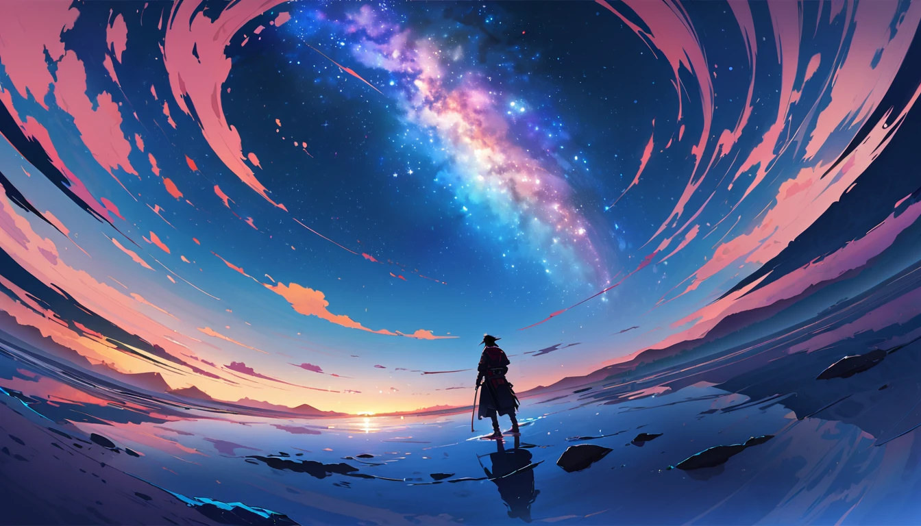 Dynamic Crescent Moon,Official Art, Integrated 8K wallpapers, Very detailed,  masterpiece, Best image quality，Ultra Wide Angle，night，male,samurai，Standing by the salt lake，The water is like a mirror，Reflecting the sky,Look up at the sky，The Milky Way is in the sky，Dynamic Angle, Grace, Bright colors