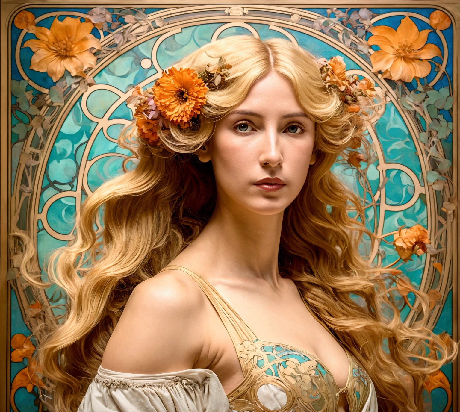 European woman portrait, Waist, long hair, Blonde, Oil painting feeling, Model imposing flower frame, decorative panel, abstraction, directed by: Alphonse Mucha (Main part, extremely high quality, High resolution: 1.4), detailed, intricate details, 4K, splash of color, Line art, Fibonacci, Wear underwear,