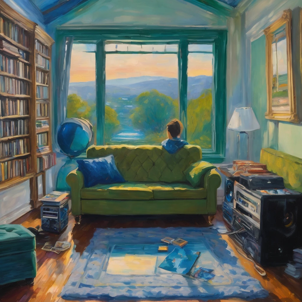 Two agers sit in a living room, surrounded by cassette tapes, album covers and a micro system. Soft afternoon light streams in through the windows, creating a cozy and nostalgic atmosphere. Monet's impressionist brushstrokes capture the texture of the sofa, furniture and objects scattered on the floor. The color palette includes shades of blue, green and gold, reflecting the tranquility of the moment. Acrylic painting on panel, Monet style
