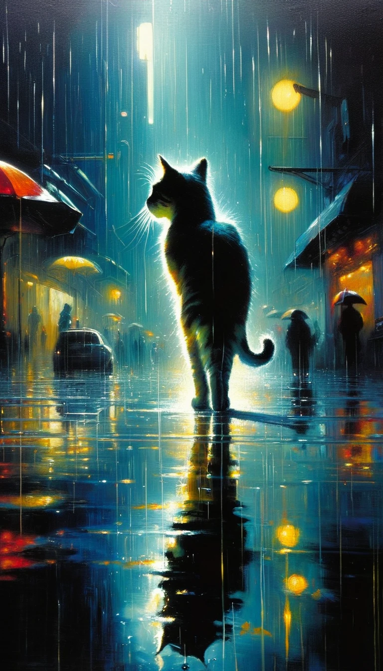 a cat in futuristic world: 1.5, surrealism, impressionism, alone, raining, reflections in a puddle of water, oil painting, chiaroscuro, sensual and dramatic lighting, changing atmosphere, art inspired by Bill Sienkiewicz