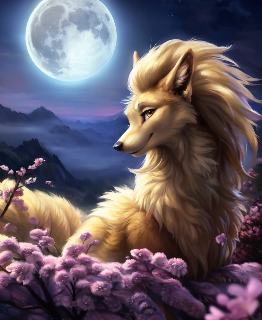 ((solo)) (feral, ninetales), female, looking at viewer, cherry blossom, night, fog, flower, multi tail, full moon,, best quality, shaded, extreme detail, highly detailed, ultradetailed, intricate, realistic, detailed background, hi res, realistic, photography \(artwork\), (by kenket), by ross tran, by michael & inessa garmash, by pino daeni, by isvoc, by kiguri, by alena aenami, by ruan jia, (by zenthetiger, by wolfy-nail), by Enki Bilal, by drmax, photorealism,