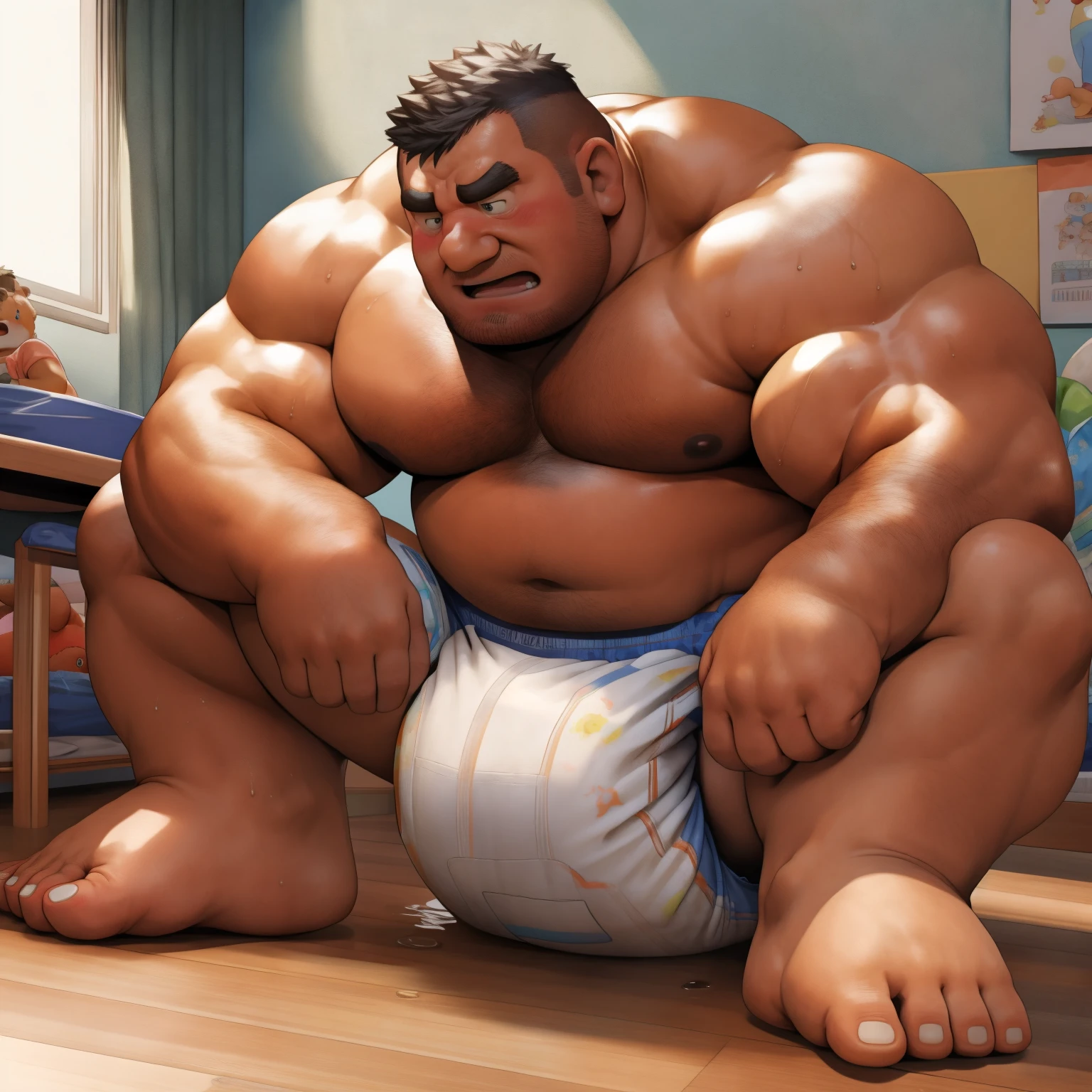 masterpiece, Top quality, in 32K, perfect anatomy, hyper detailed, super fine illustration, The thick man is a brutal retarded prisoner, hairy human, 50yo in Japan, (fatness: 1.0), Fatty muscle, Bowleg, disappointment, incontinent, shy, sissy, Weaker than children, Drool, Round face, be diaper check by children, waddle, There is a small puddle under him, incontinent, Bowleg, spread legs, wear a White cloth Diaper, Bare belly, Bare legs, Bare foots, Bare soles, Shirtless, wide forehead and short thinning hair, Man with round face with stubble, Bare foots, Bare soles, He enters nursery school and is despised by children, He surrounded by children, His bottom is wet, Bare foots, big butt, he is scolded by the children, White Diaper, He surrounded by children, sobbing, wear a White cloth Diaper, shirtless, There is a small puddle under him, He enters nursery school and is despised by children, big butt, sobbing, He crawling to go to children, on all fours, side view