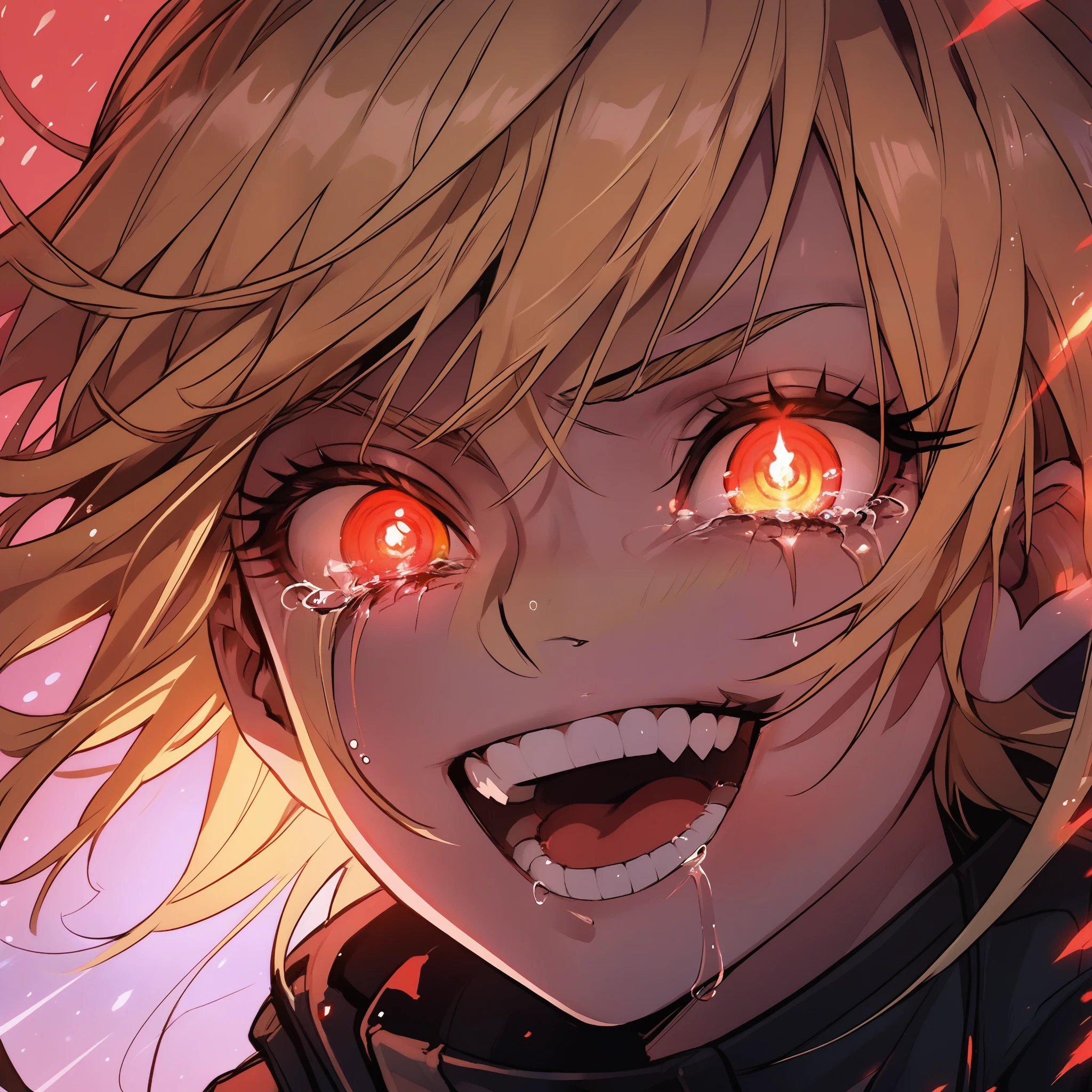 score_9, score_8_up, score_7_up, score_6_up,Madness,1girl,solo,looking at viewer,open mouth,bangs,yellow eyes,teeth,tears,eyelashes,glowing,heterochromia,portrait,light particles,close-up,eye focus, hellsing, seras Victoria, blonde hair, red eyes 