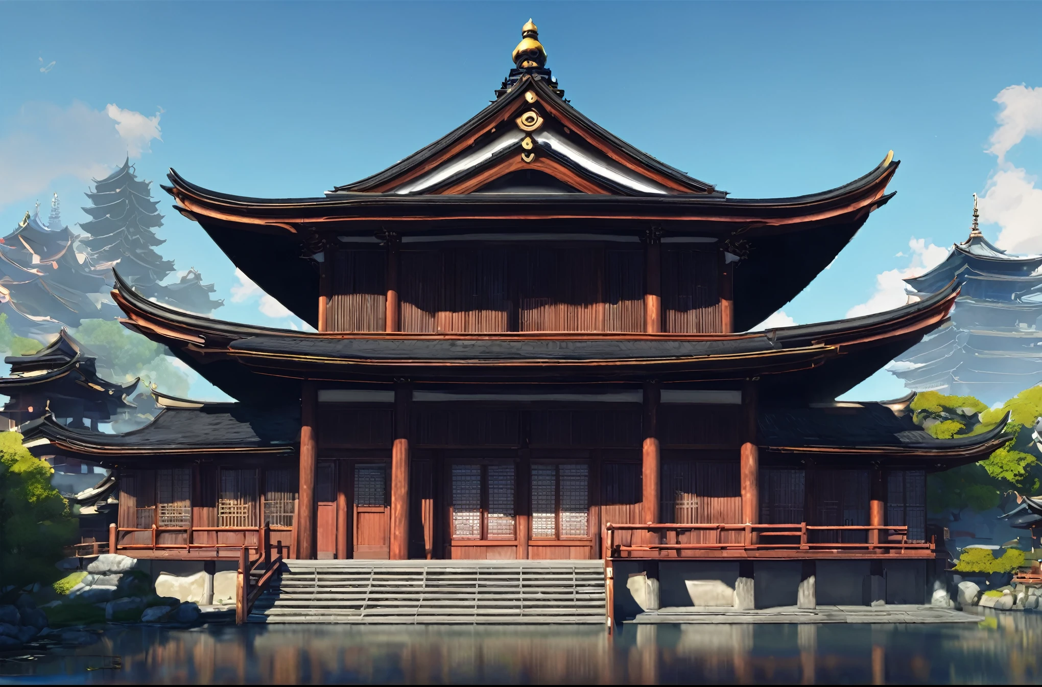 Need to create concept art for Zenkoji Temple, for MMORPG, Zenkoji Temple is a sacred place in our game, set in a Japanese setting. This place has deep spiritual significance for the gaming world, for cultural and religious events. The temple is a stone structure with features characteristic of Japanese architecture.: pagoda style roof, curved roofs, wooden posts and panels, digital painting, fantasies, fairy tale style, Fantasy, A game, сказочная A game про Японию, big temple, impressive size temple, digital painting