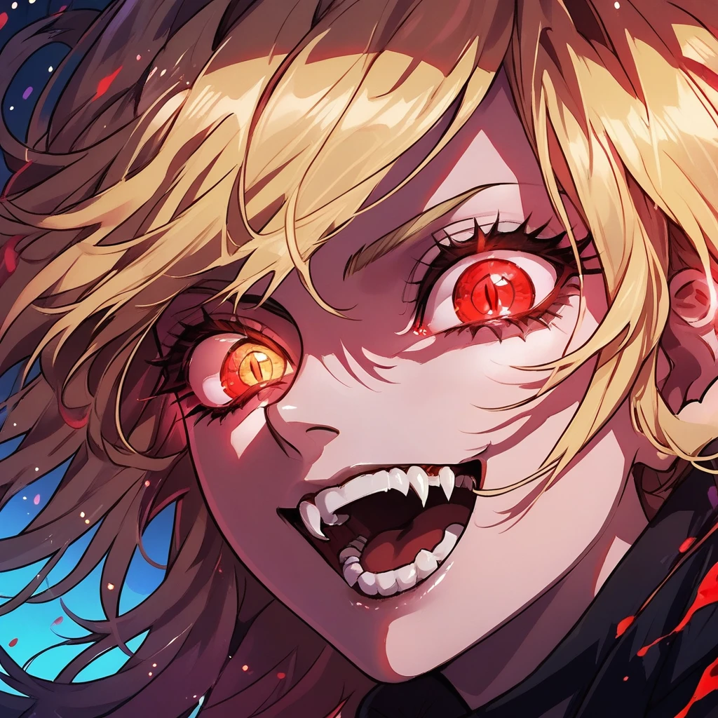 score_9, score_8_up, score_7_up, score_6_up,Madness,1girl,solo,looking at viewer,open mouth,bangs,yellow eyes,teeth,tears,eyelashes,glowing,portrait,light particles,close-up,eye focus, hellsing, seras Victoria, blonde hair, red eyes, fangs, vampire