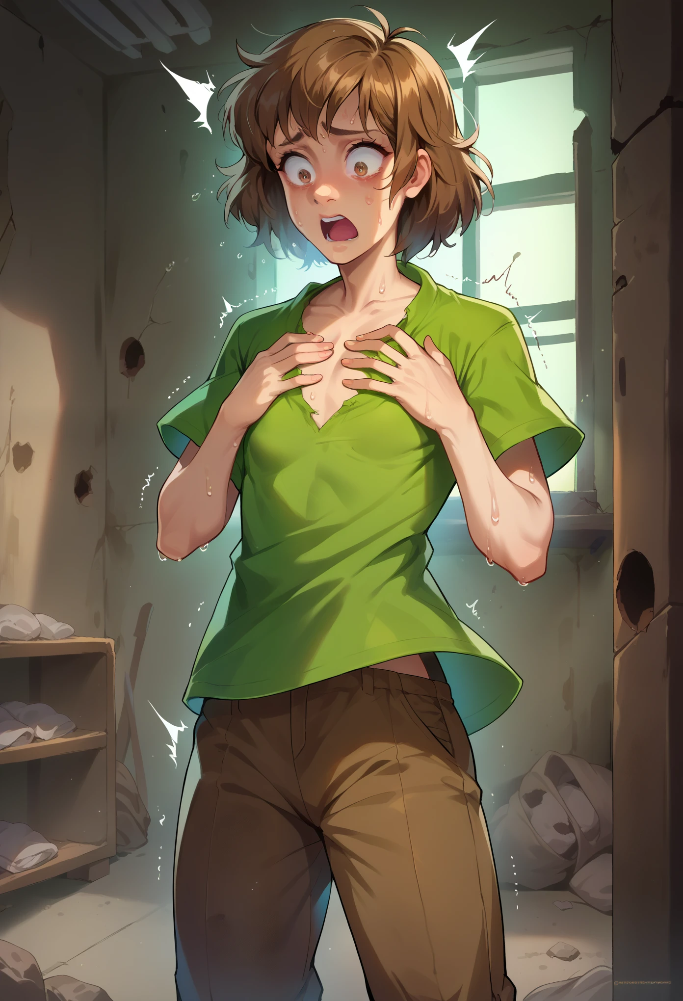 score_9, score_8_up, score_7_up, 1girl, solo, Shaggy Rogers, slender body, (small chest), brown hair, medium hair, green shirt, brown pants, standing, shocked face, hands on chest, shaking, sweating, female crotch, looking down, inside a room, abandoned room, dark room, night
