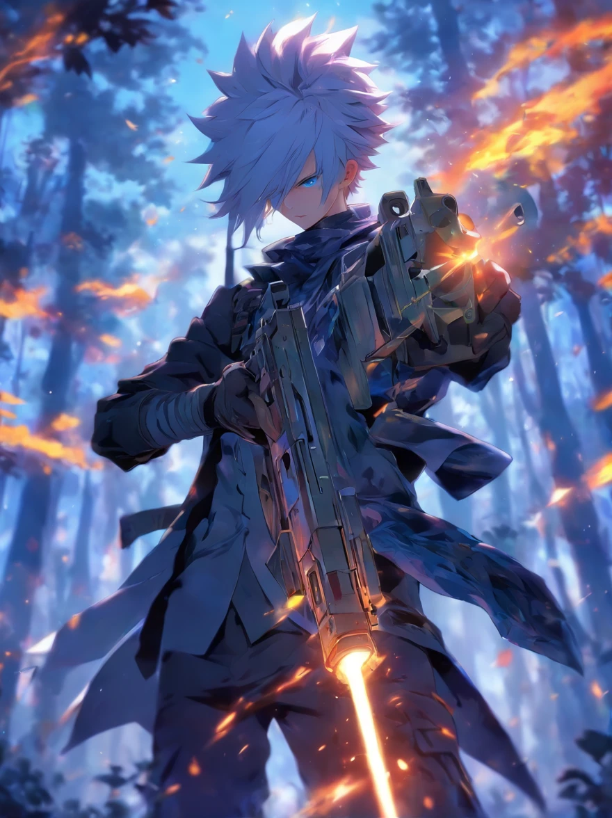 white hair-blue eyes anime boy with a gun in a forest, frontline boy, de Arknights, Artgerm and Atey Ghailan, anime rudo 8K, guweiz style artwork, manga wallpaper 4k, genshin impact keqing, guweiz, trend on artstation pixiv, trigger anime art style, is
