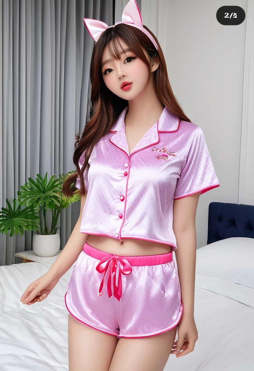 ((high quality:1.2)), work of art, (8k), extremely detailed, ((High detail:1.2)), ((best resolution:1.4)), Solo, 1girl, 24 years old Korean Ulzzang female, ((pajamas, pants, crop top)), 