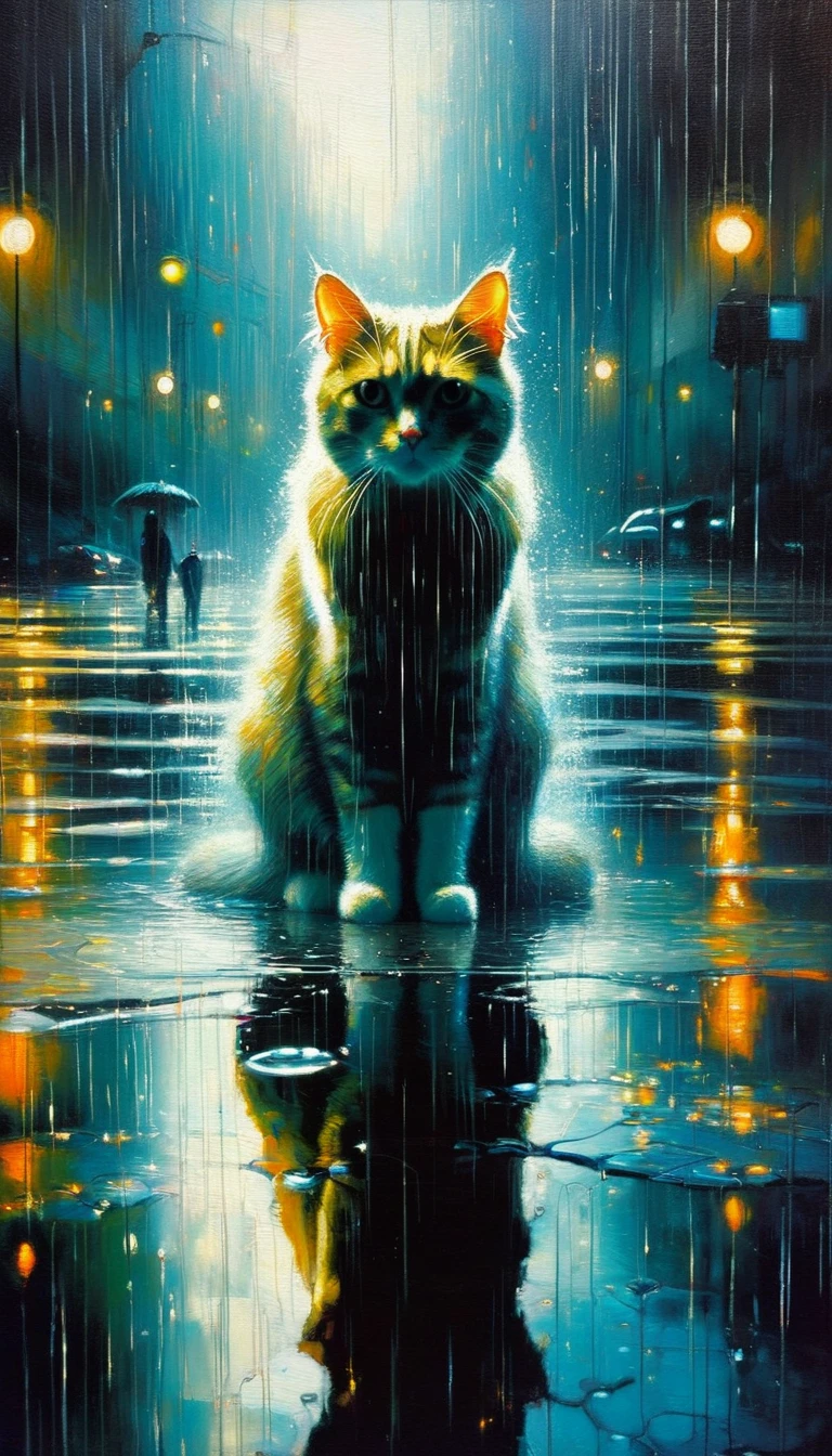a cat in futuristic world: 1.5, surrealism, impressionism, alone, raining, reflections in a puddle of water, oil painting, chiaroscuro, sensual and dramatic lighting, changing atmosphere, art inspired by Bill Sienkiewicz
