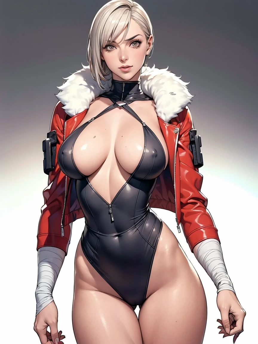 (((Annie Lennox))), (((colorful suit))), (scars), (((bandaged arms))), (((colorful clothes))) (( hood)), (((best quality: 1.4))), (Unbeatable masterpiece), (hyper HD),(CG 8k hyper-realistic), beautiful face, (((breasts big))), (((hyper feminine))), sexly girl, black tattoo,(ultra short red hair with white highlights)), ((( sculptural body ))), (((1 Kizi))), Kizi tatuada de 25 anos com perfect body,,Beautiful and well-groomed face,muscular body:1.2,solid color detailed jacket, (Head to thigh photos), Complex equipment, ,Tight clothes,With white stars and off-white stripes,,,,,Armor Metal Electronic Parts, Poison tattoos ) INFO, Kizi, (((standing alone))), , 24歳, sexy, pose de attitude, work of art, dancing, ((slight smile)), post-apocalypse, (((manga style))), bounty hunter, the way you want, perfect body, roupa moderna, advanced technology, white, yellow accent, black, red accent, fur collar jacket, sleeves with vertical striped pattern, background city, (( cowboy shot )). intricate visual, narrow waist, (((wide hips))), wide hips, fit thighs, (((thigh gap))), Thigh gap, background shows a futuristic airplane, open expression, expression happy