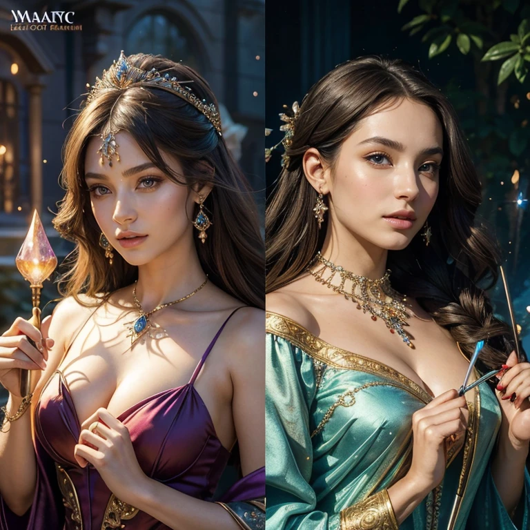 (​masterpiece, best quality:1.5), highest quality, High resolution, super detailed, Realists, Upper body photo of a brunette sorceress, detailed and beautiful eyes, beautiful detailed lips, very detailed eyes and face, longeyelashes, shiny satin dress, Holding a magic wand in your hand and performing a transformation spell, Magic wands present and shining, Beautiful and colorful makeup, elegant and noble々The jewelry bag, Gardens as background, soft daylight, bright colors, fine brushstrokes, Portrait style, Silk dress fabric, beautiful color palette, glowing skin, First-class rendering, that captures every detail, enchanting atmosphere, subtle shadows and lights, (perfect anatomy:1.2), (The two breathtaking sorceresses transform flowers into jewelry (a transformation with a magic wand:1.4), (magnificent panorama view:1.2)