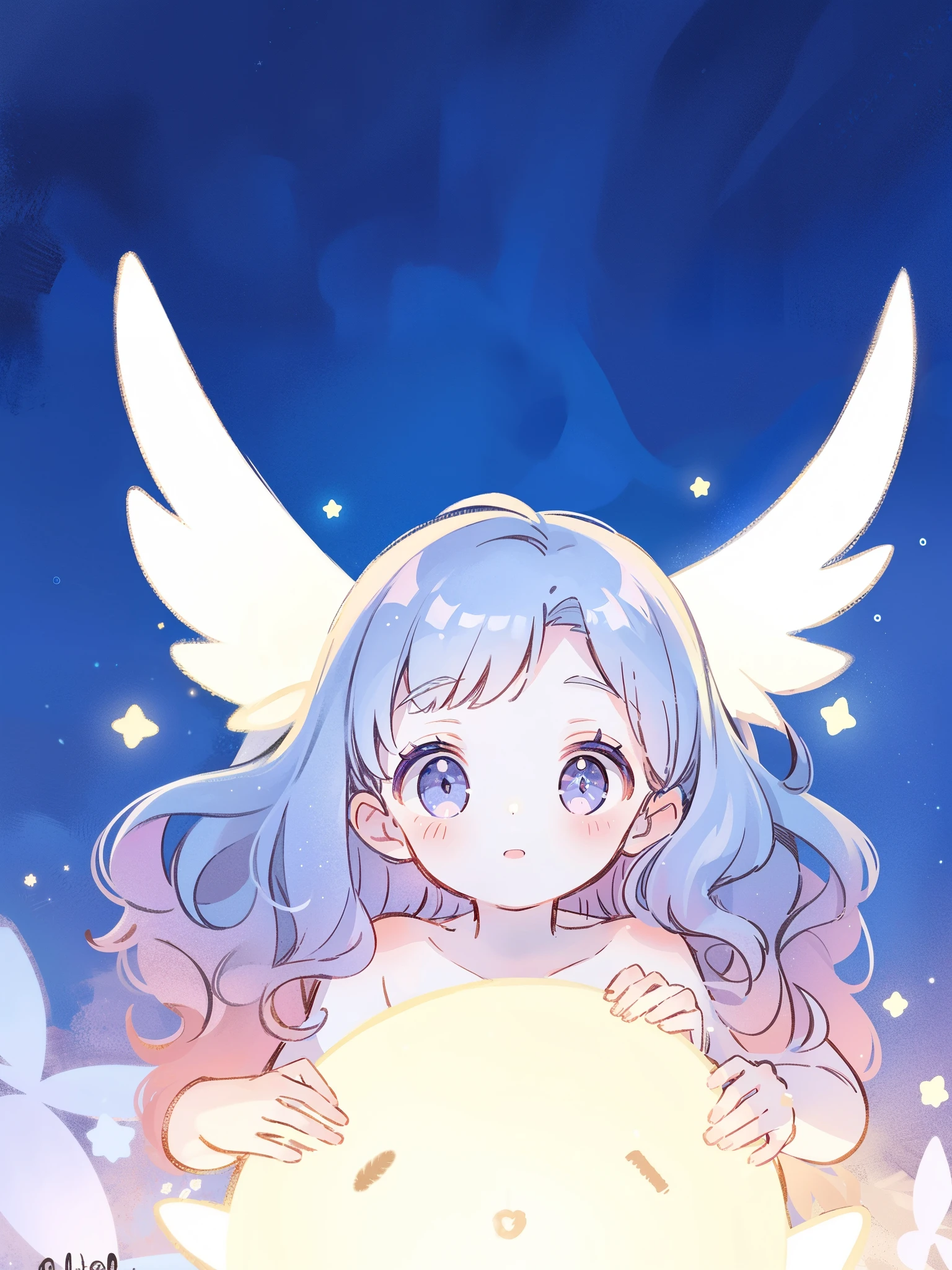 nude angel girl wearing an ethereal translucent dress, pale skin, ((wavy gradient blue purple hair)), white feathers, angel wings, sparkling detailed eyes, golden ratio face, perfect composition, highly detailed, ethereal, (starry night sky background), midjourney style