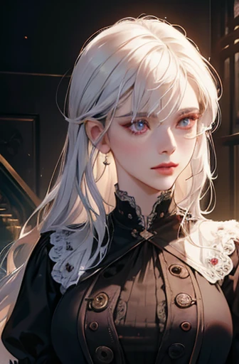 a determined victorian era woman in her early 30's, scientist, pristine white labcoat, straight white hair, striking purple eyes, side-swept bangs, wearing a monocle, long black gloves, detailed realistic portrait, photorealistic, hyperrealistic, 8k, detailed clothing, beautiful detailed eyes, beautiful detailed lips, extremely detailed face, intricate ornate details, cinematic lighting, dramatic shadows, warm color tones, natural lighting, highly detailed, masterpiece, artstation, sharp focus, hyper detailed, full body
