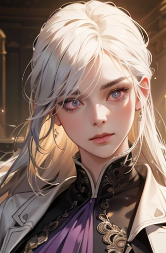 a determined victorian era woman in her early 30's, scientist, pristine white labcoat, straight white hair, striking purple eyes, side-swept bangs, wearing a monocle, long black gloves, detailed realistic portrait, photorealistic, hyperrealistic, 8k, detailed clothing, beautiful detailed eyes, beautiful detailed lips, extremely detailed face, intricate ornate details, cinematic lighting, dramatic shadows, warm color tones, natural lighting, highly detailed, masterpiece, artstation, sharp focus, hyper detailed, full body
