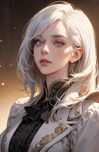 a determined victorian era woman in her early 30's, scientist, pristine white labcoat, straight white hair, striking purple eyes, side-swept bangs, wearing a monocle, long black gloves, detailed realistic portrait, photorealistic, hyperrealistic, 8k, detailed clothing, beautiful detailed eyes, beautiful detailed lips, extremely detailed face, intricate ornate details, cinematic lighting, dramatic shadows, warm color tones, natural lighting, highly detailed, masterpiece, artstation, sharp focus, hyper detailed, full body
