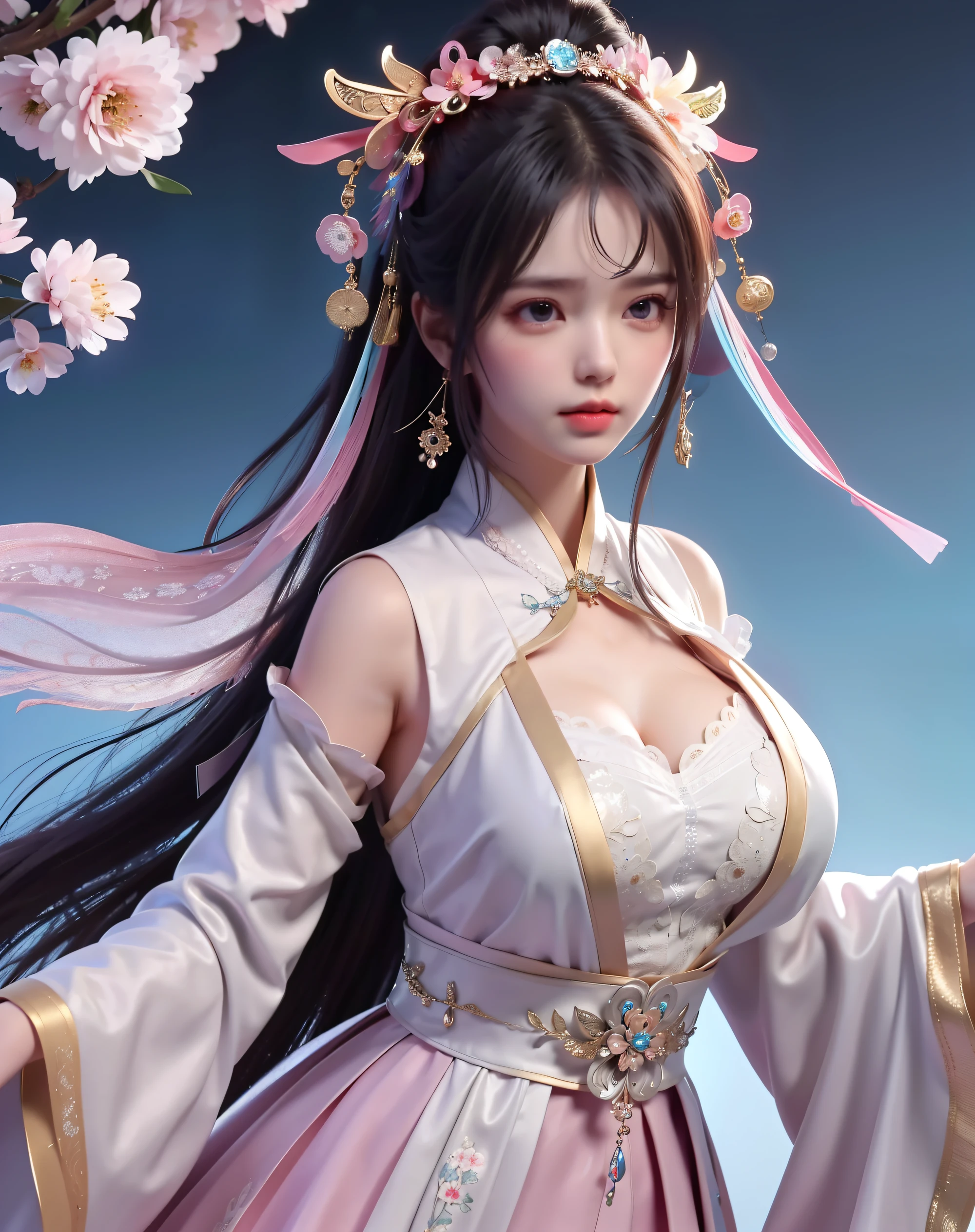 (8k, RAW photo:1.2), best quality, ultra high res,dramatic angle,(fluttered detailed color splashs), (illustration),(((1 girl))),(long hair),(rain:0.9), (Headdress:1.4),There is an ancient palace beside the girl,Hanfu,(Key Points),Color ink painting,(Splash of Color),Splash of Color,(((colorful))),(sketch:0.8) , Masterpiece, best quality, beautiful painted, highly detailed,(denoising:0.6),[splash ink],((ink refraction)), (beautiful detailed sky),moon,highly,detaild,(masterpiece, best quality, extremely detailed） CG Unity 8k Wallpaper，masterpiece，best quality，Ultra Detailed），（Lycoris）. hanfu open v open V-chested clothes Thin silk lace dress , (huge ，cleavage),, white pinkand gren，best qualtiy，tmasterpiece，Ultra-high resolution，（Reality：1.4），RAW photogr，（True skin texture：1.3），（filmgrain：1.3），（Selfie angle），1个Giant Breast Girl，Beautiful eye and face details，tmasterpiece，Best quality at best，，The chest more exposed， detailed hair, bra pink , detail 8k, upper body, lace petticoat