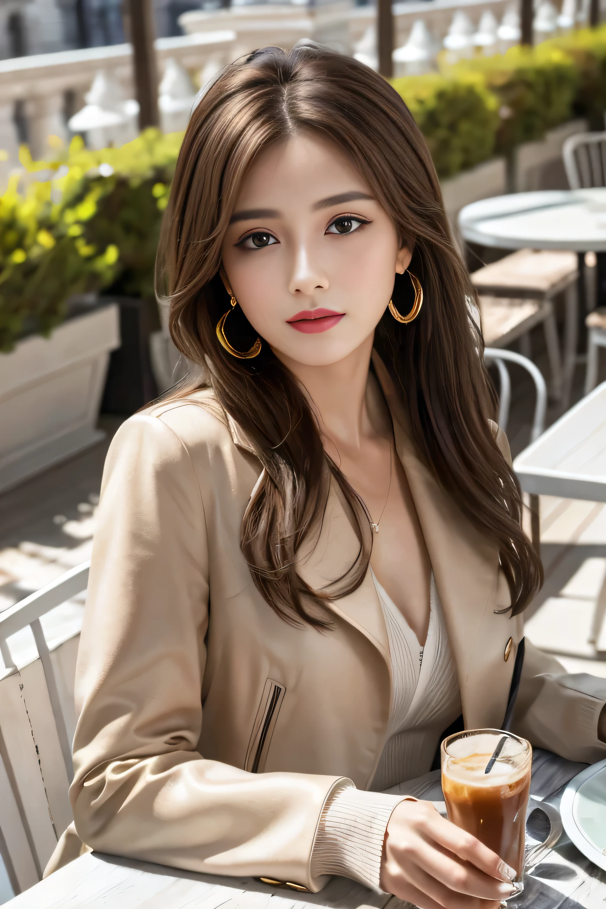 work of art, highest quallity, realisitic, very detailled, finer details, high resolution, 8 k wallpaper, a beautiful woman,Wear a nice jacket, On a wonderful cafe terrace, by noon, messy light brown hair, perfect dynamic composition, Beautiful and beautiful eyes、Large earrings、