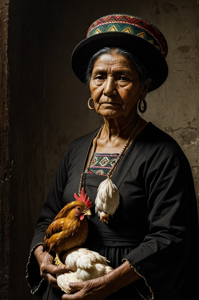 masterpiece, realist, Mexican indigenous elderly woman, held a chicken,muy realist, in high contrast, dark background, negro, Renaissance painting style,